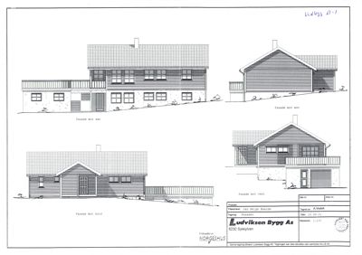 Fasadetegning som viser bygningens utseende fra fire ulike vinkler (sør, øst, nord, vest).
