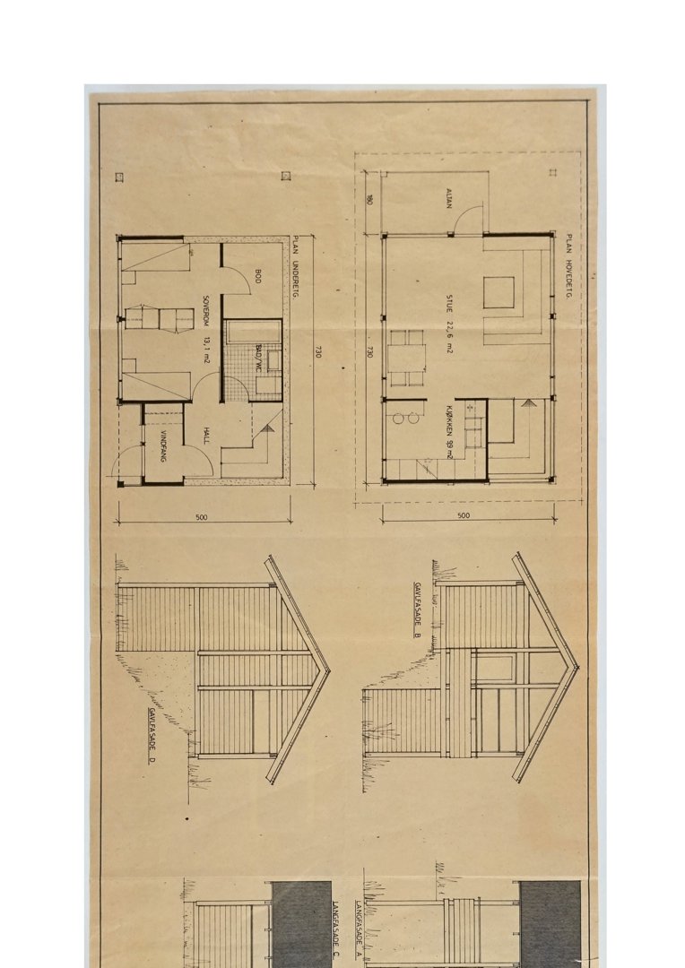 Bildet viser en tegning med fasadeopprikk (fra front, side og bak) samt etasjeplaner for en bygning.