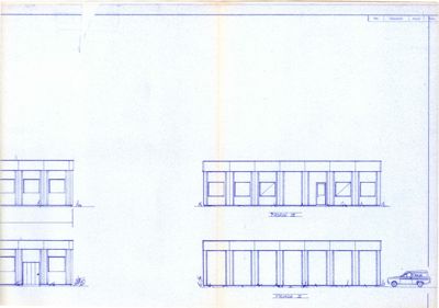 Fasadetegning som viser bygningens utsyn fra fronten (foran).