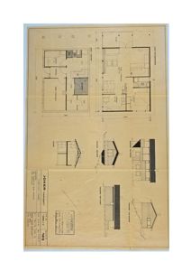 Tegning som viser etasjeplaner (plan) og flere fasadeopprikk (fasade) for en bolig.
