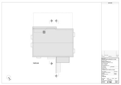 Tegning av takplan (takutsikt) med angitte takflater, takrenner og takluker.
