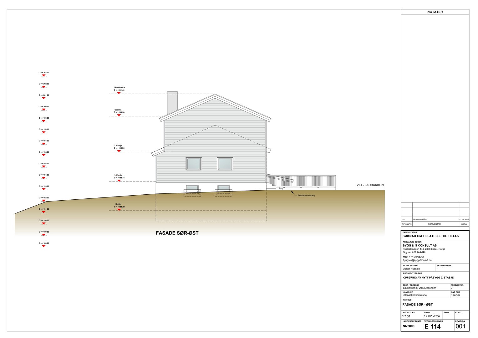 Fasadetegning (Sør-Øst) med oppriss, høydemålinger og detaljer for tak, vinduer og trapp.