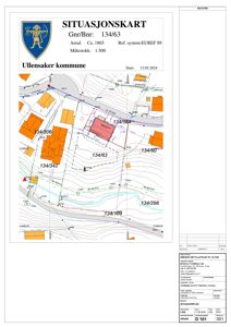Situasjonskart som viser tomtens beliggenhet i forhold til nabolag, høydemålinger og infrastruktur.