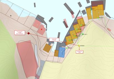 Situasjonsplan som viser tomtens form, terrengforhold, eksisterende og planlagte bygninger, samt viktige punkter og avstander.