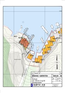 Situasjonsplan som viser tomtegrenser, bygningstilhørighet (Rorbuer), høydeforhold og veisystem.