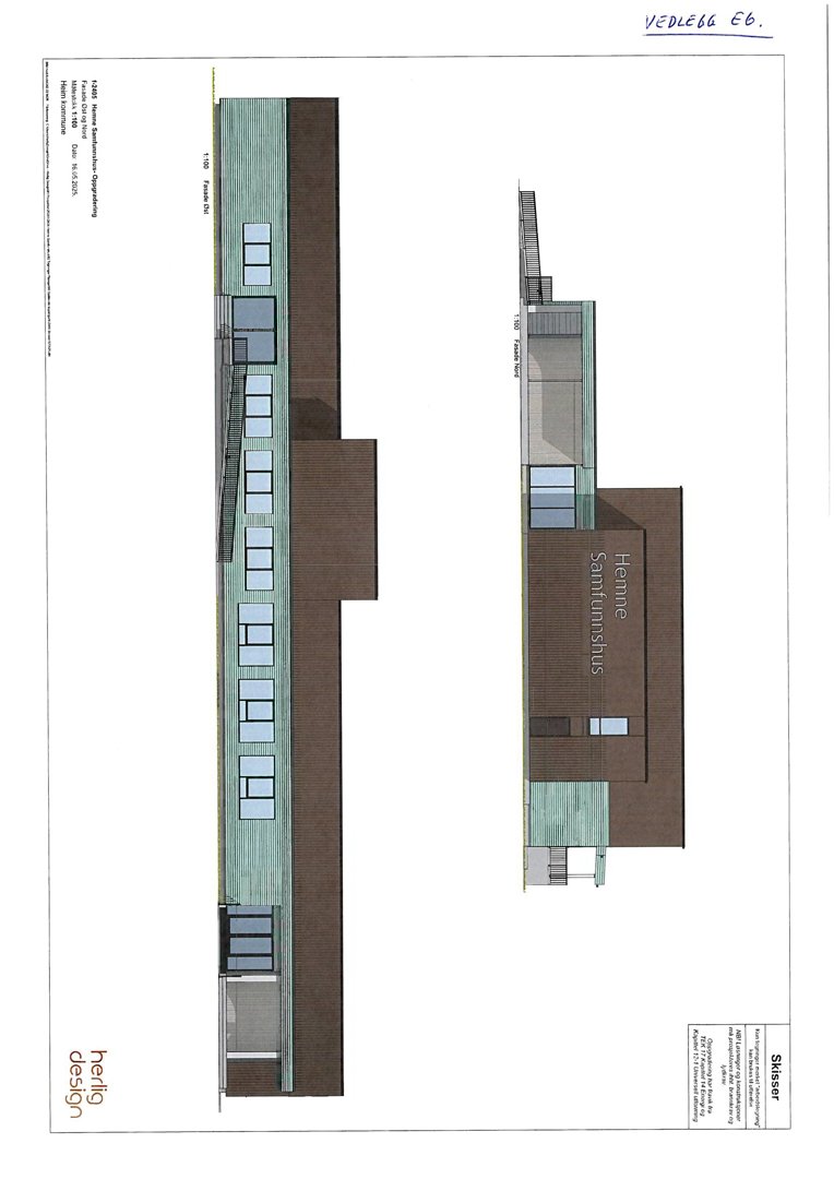 Fasadetegning som viser bygningens utseende fra utsiden, inkludert materialvalg, vindusoppsett og arkitektoniske detaljer.