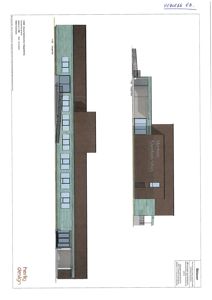 Fasadetegning som viser bygningens utseende fra utsiden, inkludert materialvalg, vindusoppsett og arkitektoniske detaljer.