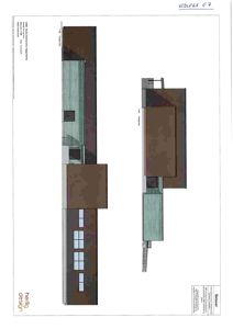 Fasadetegning som viser bygningens utseende fra to ulike vinkler (100 og 102).