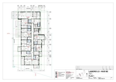 Etasjeplan (PLAN 1) som viser romfordeling og mål for et leilighetsbygg.