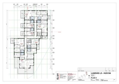 Etasjeplan (PLAN 5) som viser romfordeling og mål for leiligheter i et boligprosjekt.