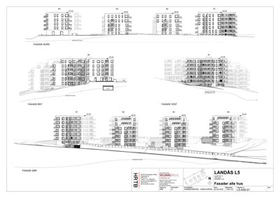 Fasadetegning som viser bygningens utseende fra fire sider (Nord, Øst, Vest, Sør).