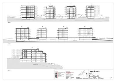 Oversiktsnitt (Snitt A, B, C) som viser tverrsnittet av bygningene i forhold til terrenget.