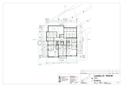 Etasjeplan (PLAN U1) som viser romfordeling, veggtykkelse, dører og vinduer for en bygning.