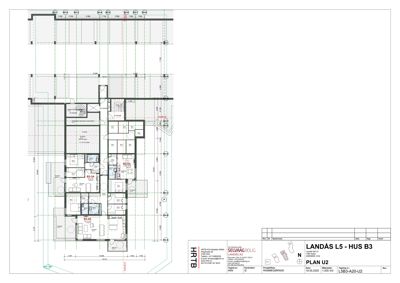 Etasjeplan (PLAN U2) som viser romfordeling, veggposisjon og mål for en leilighet i et hus.