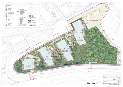 Situasjonsplan som viser tomtens form, bygningenes plassering (B1, B2, B3, B4), vegnett, beplantning og tilknytning til omgivelsene.