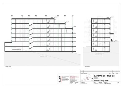 Snittegning (SNITT B3-A og SNITT B3-B) som viser tverrsnittet av bygningen med høyder og etasjer.