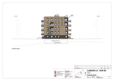 Fasadetegning av bygningen sett fra nord, med mål og detaljer.