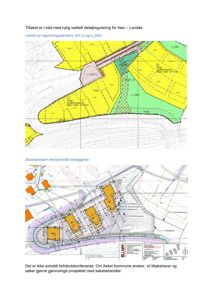 Bildet viser to kart: øverst et utsnitt av en reguleringsplankart og nederst en situasjonsplan med foreslått bebyggelse.