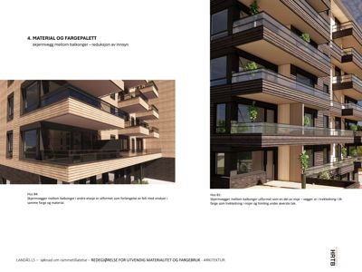 3D-visualisering av fasade med balkonger og skjermvegger for to ulike hus (Hus B4 og Hus B1).