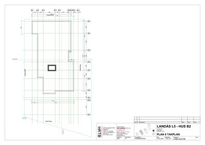 Etasjeplan (takplan) for bygningen LANDÅS L5 - HUS B2, som viser romfordeling, fasader og målinger.