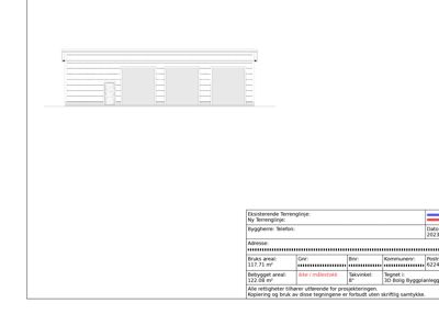 Fasadetegning som viser bygningens utseende fra siden, inkludert vinduer og dører.