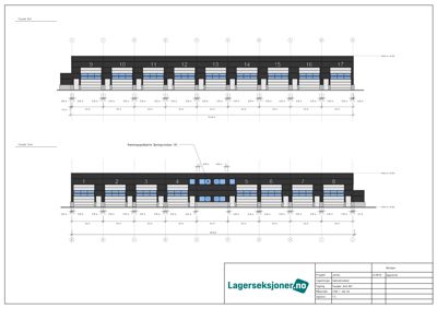 Fasadetegning som viser oppriss av en bygning sett fra siden, med angitte mål for vinduer, dører og fasadepartier.
