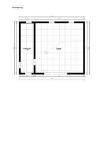 Etasjeplan (plantegning) som viser romfordeling, veggtykkelse og dimensjoner for et bygg.