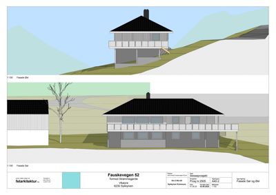 Fasadeopprikk (skisse) som viser bygningens utseende sett fra øst og sør, inkludert terrengforhold og nabobebyggelse.