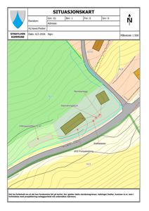Situasjonskart som viser eiendomsgrenser, infrastruktur (veier, ledninger) og anleggsplasseringer for et slamskningsanlegg.