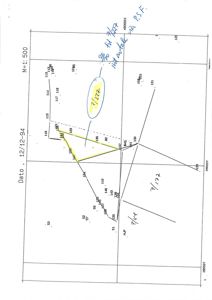 Situasjonsplan med høydemål (kontur) og håndskrevne notater om innmåling.