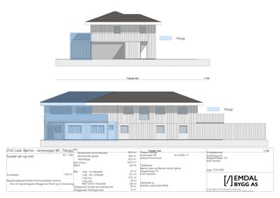 Fasadetegning som viser bygningens utseende fra sør og vest, inkludert tilbygg, garasje og vindusoppsett.