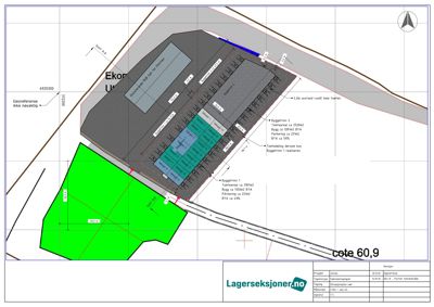 Situasjonsplan som viser tomtens geometri, bygningsplassering, arealoppdelinger (BYA/Bygg) og tilknyttede veier.