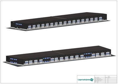3D-visualisering av to store lagerbygg sett fra en vinkel som viser fasade og taklinje. Byggene har flere lastebilporter og vinduer.