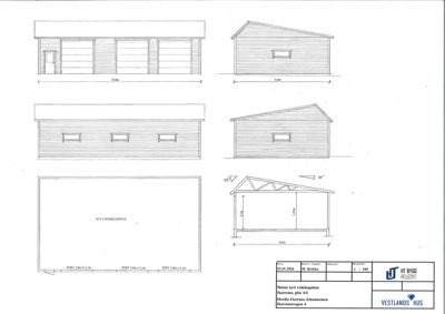 Fasadetegning som viser front- og sideopprikk av et nytt redskapshus med mål og vindusoppsett.
