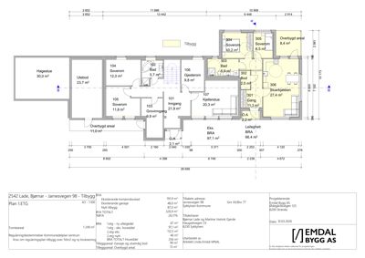 Etasjeplan (Plan 1.ETG) for en tomannsbustad med romfordeling, arealoppdelinger og dimensjoner.