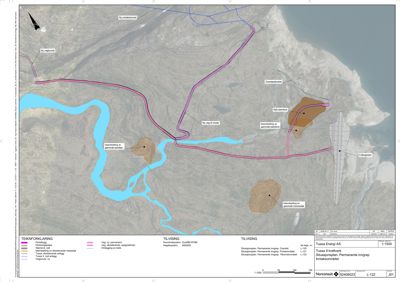 Situasjonsplan som viser tomtens beliggenhet, omgivende infrastruktur (veier, elver) og planlagte inngrep.