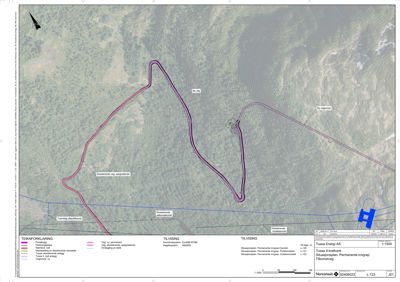 Situasjonsplan som viser tomtens topografi, eksisterende vegnett, planlagt inngrep (anlegg) og tilhørende infrastruktur.