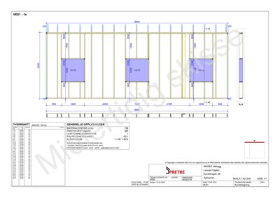 Tverrsnitttegning (snitt A-A) av en konstruksjon, sannsynligvis en takkonstruksjon eller etasjeskel, med oppgitt dimensjoner, materialtykkelse og lastfordelingsfaktorer.