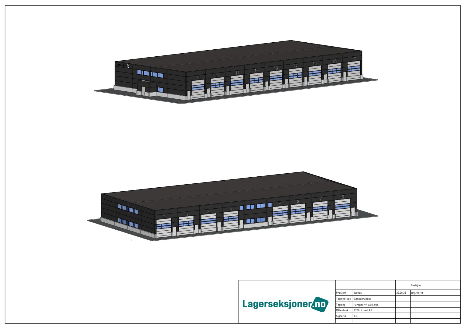 3D-visualisering (rendering) av en industriell bygning sett fra to ulike vinkler. Bildet viser fasade, vinduer og ladeganger.