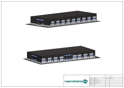 3D-visualisering (rendering) av en industriell bygning sett fra to ulike vinkler. Bildet viser fasade, vinduer og ladeganger.