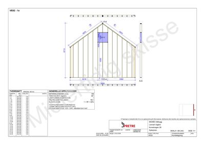 Tegning som viser et tverrsnitt (snitt) gjennom en bygning, med mål på takkonstruksjon, veggtykkelse og materialfordeling.