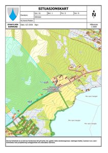 Situasjonskart (tomtekart) som viser eiendomsgranser, topografi, vann og nabolag.