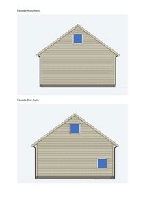 Bildet viser to fasadetegninger (Nord-Vest og Syd-Aust) for en bygning med skråtak og vinduer.