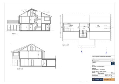 Bildet viser snittegninger (SNITT A-A og SNITT B-B) av en bolig, samt en plan for loftet (PLAN LOFT).