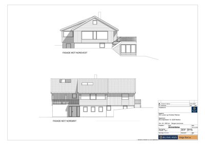 Fasadetegning som viser bygningens utseende sett fra nordvest og nordøst.