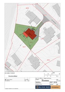 Situasjonsplan som viser eiendomsflater, bygningers plassering, topografi og naboeiendommer.