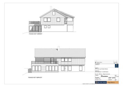 Fasadetegning som viser bygningens utseende fra to sider: sørøst og sørvest.