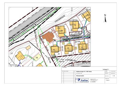 Situasjonsplan som viser tomtens grenser, naboeiendommer, vegger og bygningsplassering.