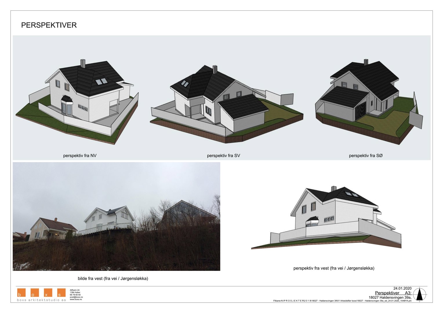 Bildet viser en samling av 3D-perspektivtegninger (renderinger) av et hus, samt et fotografi av eksisterende hus i nabolaget.