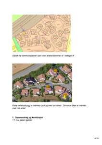 Bildet viser et utsnitt fra en kommuneplan (kart) og et flyfoto av et boligområde med markeringer for eiendomsgrenser og byggetyper.